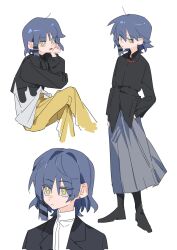 Rule 34 | 1girl, asymmetrical hair, black jacket, black shirt, blue hair, bocchi the rock!, bright pupils, closed mouth, collared shirt, commentary, corrupted twitter file, earrings, expressionless, grey skirt, hair ornament, hairclip, hashtag-only commentary, highres, jacket, jewelry, long sleeves, looking at viewer, molu stranger, multiple views, open mouth, pants, shirt, short hair, simple background, skirt, stud earrings, white background, white pupils, white shirt, yamada ryo, yellow eyes, yellow pants