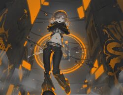 Rule 34 | 1girl, absurdres, barcode, barcode tattoo, belt, black pants, brown eyes, brown hair, from below, graffiti, hair between eyes, highres, jacket, likechoco2468, long sleeves, looking at viewer, meiko (vocaloid), midriff, nail polish, navel, open clothes, open jacket, open mouth, outdoors, pants, project sekai, red nails, short hair, solo, standing, stomach, tattoo, vivid bad squad meiko, vocaloid, white belt