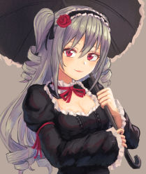 Rule 34 | 1girl, black dress, black hairband, black ribbon, black umbrella, breasts, cleavage, closed mouth, dress, drill hair, flower, gothic lolita, grey background, hair between eyes, hair ribbon, hairband, holding, holding umbrella, idolmaster, idolmaster cinderella girls, juliet sleeves, kanzaki ranko, lolita fashion, lolita hairband, long sleeves, medium breasts, moppo, neck ribbon, over shoulder, puffy sleeves, red eyes, red flower, red ribbon, red rose, ribbon, rose, silver hair, sleeves past wrists, smile, solo, two side up, umbrella, upper body, wide sleeves