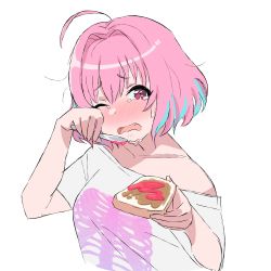 Rule 34 | 1girl, absurdres, ahoge, bad id, bad twitter id, blush, bread, collarbone, crying, fang, food, frown, hair intakes, highres, idolmaster, idolmaster cinderella girls, knife, multicolored hair, off-shoulder shirt, off shoulder, one eye closed, open mouth, peanut butter, pink eyes, pink hair, shirt, short hair, skeleton print, t-shirt, tears, tomatomagica, two-tone hair, white background, wiping tears, yumemi riamu