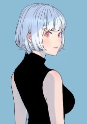 Rule 34 | 1girl, black sweater, blue background, blush, breasts, facing away, looking to the side, medium breasts, original, peco (pockleberry), red eyes, shadow, short hair, simple background, sleeveless, sleeveless sweater, solo, sweater, turtleneck, turtleneck sweater, upper body, white hair