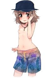 Rule 34 | 1girl, areolae, artist request, blush, breasts, brown eyes, brown hair, female focus, hat, highres, idolmaster, idolmaster cinderella girls, kita hinako, looking at viewer, male swimwear, male swimwear challenge, medium breasts, nipples, open mouth, simple background, small breasts, smile, solo, standing, swimwear, tagme, topless, white background