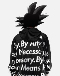 Rule 34 | 1boy, black hair, black jacket, commentary, dragon ball, dragonball z, drip (meme), from behind, grey background, highres, jacket, long sleeves, male focus, meme, meme attire, no sply, simple background, solo, son goku, spiked hair, symbol-only commentary, the north face, third-party source, upper body