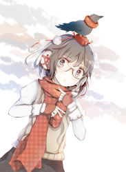 Rule 34 | 1girl, alternate costume, animal, animal on head, bespectacled, bird, blush, crow, dutch angle, earmuffs, fingerless gloves, glasses, gloves, hat, long sleeves, looking at viewer, nail polish, nakaikane, on head, parted lips, plaid, plaid scarf, pom pom (clothes), puffy sleeves, red-framed eyewear, red eyes, red gloves, scarf, shameimaru aya, short hair, skirt, solo, string, sweater vest, tokin hat, touhou, unmoving pattern, upper body