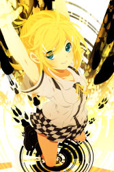 Rule 34 | 1girl, aqua eyes, armpits, arms up, blonde hair, boots, casual, checkered clothes, checkered skirt, from above, hair ornament, hairclip, kagamine rin, kaze-hime, kneeling, looking up, ribbon, school uniform, serafuku, short hair, skirt, smile, solo, tiger rampage (vocaloid), vocaloid