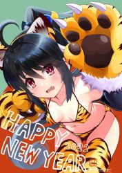 Rule 34 | 1girl, 2022, ahoge, amino dopple, animal hands, bent over, bikini, black hair, blush, breasts, chinese zodiac, claw pose, d:, fang, gloves, hands up, happy new year, looking at viewer, medium breasts, new year, open mouth, original, paw gloves, red eyes, signature, solo, striped bikini, striped clothes, swimsuit, thighhighs, year of the tiger, yellow bikini, yellow thighhighs