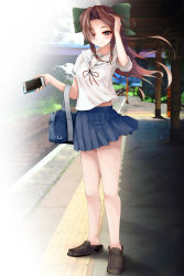 Rule 34 | alternate costume, bag, bare legs, blue skirt, blush, brown eyes, brown hair, green ribbon, hair intakes, hair over eyes, hair ribbon, half-closed eyes, hand in own hair, hand on own head, highres, holding, holding phone, jintsuu (kancolle), kantai collection, loafers, long hair, looking at viewer, momin, no socks, phone, pleated skirt, ribbon, shirt, shoes, sidelocks, skirt, smile, solo, thighs, train station platform, white shirt