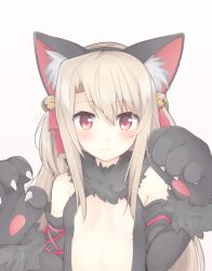 Rule 34 | 1girl, animal ears, animal hands, bad id, bad pixiv id, bare shoulders, bell, black gloves, black leotard, blush, breasts, cat ears, closed mouth, commentary request, dangeroes beast (illya), elbow gloves, fake animal ears, fate/kaleid liner prisma illya, fate (series), gloves, grey background, hair bell, hair between eyes, hair ornament, hair ribbon, hands up, illyasviel von einzbern, jingle bell, leotard, light brown hair, long hair, looking at viewer, mobu, official alternate costume, paw gloves, red eyes, red ribbon, ribbon, sidelocks, simple background, small breasts, smile, solo, two side up, very long hair