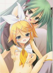 Rule 34 | 2girls, blonde hair, blue eyes, blush, grabbing another&#039;s breast, breasts, clothes lift, detached sleeves, flat chest, grabbing, green eyes, green hair, hatsune miku, headphones, highres, himukai kyousuke, kagamine rin, long hair, looking at viewer, moire, multiple girls, necktie, nipples, ribbon, scan, shirt lift, short hair, small breasts, spread legs, studio himawari, thighhighs, twintails, vocaloid, yuri