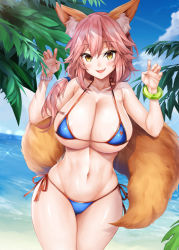 Rule 34 | 10s, 1girl, animal ear fluff, animal ears, bare shoulders, beach, bikini, blue bikini, blue sky, blush, bracelet, breasts, claw pose, cleavage, cloud, collarbone, commentary, cowboy shot, day, fang, fate/extra, fate/grand order, fate (series), fox ears, fox tail, hair between eyes, hands up, hip focus, jewelry, large breasts, legs together, long hair, looking at viewer, navel, ocean, oni-noboru, open mouth, outdoors, palm tree, paw pose, pink hair, revision, shiny skin, sky, smile, solo, standing, stomach, swimsuit, tail, tamamo (fate), tamamo no mae (fate/extra), tamamo no mae (swimsuit lancer) (fate), thighs, tree, yellow eyes