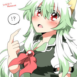 Rule 34 | 1girl, artist name, bad id, bad pixiv id, blush, dated, ex-keine, fang, green hair, horns, kamishirasawa keine, long hair, lowres, open mouth, rebecca (keinelove), red eyes, solo, touhou