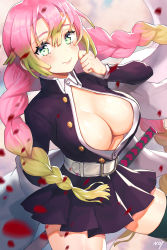Rule 34 | 1girl, arm behind back, belt, black thighhighs, blouse, blunt bangs, blurry, blush, braid, breasts, buttons, cleavage, closed mouth, cloud, cloudy sky, collared shirt, cowboy shot, eyelashes, gradient hair, green eyes, green hair, hair between eyes, hand on own cheek, hand on own face, hand up, haori, highres, jacket, japanese clothes, kanroji mitsuri, kimetsu no yaiba, large breasts, lips, long hair, long sleeves, looking at viewer, military, military uniform, mole, mole under eye, multicolored hair, no bra, noixen, off shoulder, open clothes, open jacket, open shirt, outdoors, petals, pink hair, pleated skirt, shirt, sidelocks, skirt, sky, smile, solo, standing, sword, thighhighs, thighs, tri braids, uniform, weapon, white belt, white shirt, zettai ryouiki