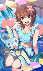 Rule 34 | 1girl, :d, absurdres, ball, beachball, blue shirt, blush, breasts, brown eyes, brown hair, collarbone, commentary request, creatures (company), day, eyelashes, flower, game freak, gen 8 pokemon, gloria (pokemon), gloria (summer 2021) (pokemon), hair flower, hair ornament, hand up, highres, jewelry, looking at viewer, medium breasts, navel, necklace, nintendo, official alternate costume, open mouth, outdoors, pink flower, pokemon, pokemon (creature), pokemon masters ex, sarong, shiny skin, shirt, sitting, sleeveless, sleeveless shirt, smile, sobble, teeth, tongue, umiru, upper teeth only, water