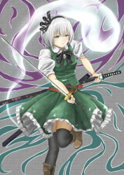 Rule 34 | 1girl, black thighhighs, blue eyes, blush, hairband, highres, holding, holding sheath, holding sword, holding weapon, k ryo, konpaku youmu, looking at viewer, parted lips, perfect cherry blossom, sheath, sheathed, silver hair, sketch, solo, sword, thighhighs, touhou, weapon