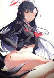 Rule 34 | 1girl, ass, black gloves, black hair, black sailor collar, black serafuku, black wings, blue archive, blush, bottomless, breasts, closed mouth, gloves, hair ornament, hairclip, halo, highres, ichika (blue archive), long hair, long sleeves, low wings, medium breasts, navel, neckerchief, ra mun5239, red halo, red neckerchief, sailor collar, school uniform, serafuku, solo, wings