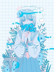 Rule 34 | 1girl, air bubble, anemone (flower), blue eyes, blue flower, blue skirt, blush, bob cut, bubble, closed mouth, dot mouth, flower, fountain, grey hair, grey sailor collar, halo, highres, holding, holding flower, jitome, long bangs, long sleeves, looking at viewer, original, own hands together, plant, pleated skirt, sailor collar, school uniform, serafuku, shirt, short hair, sidelocks, simple background, skirt, sleeve cuffs, solo, sskitaco, straight-on, tile wall, tiles, underwater, white background, white shirt, wispy bangs