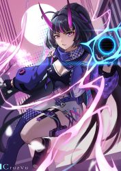 Rule 34 | 1girl, absurdres, ahoge, artist name, black gloves, breasts, cleavage, cruzvu, dress, gloves, highres, holding, holding sword, holding weapon, honkai (series), honkai impact 3rd, horns, jacket, katana, long hair, long sleeves, looking at viewer, open mouth, pointy ears, purple dress, purple eyes, purple hair, purple jacket, purple scarf, purple thighhighs, raiden mei, raiden mei (herrscher of thunder), scarf, single thighhigh, solo, sword, thighhighs, weapon