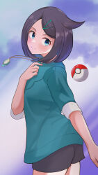 Rule 34 | 1girl, absurdres, aqua eyes, black hair, black shorts, blush, closed mouth, commentary request, cowlick, creatures (company), eyelashes, from side, game freak, gem, green gemstone, green jacket, hair ornament, hairclip, hand up, highres, jacket, jewelry, jindai (muta59900131), liko (pokemon), looking back, necklace, nintendo, poke ball, poke ball (basic), pokemon, pokemon (anime), pokemon horizons, pokemon horizons, shorts, sleeves past elbows, smile, solo, split mouth