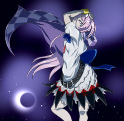 Rule 34 | 1girl, belt, bracelet, breasts, cape, checkered clothes, cosplay, dark, dress, eclipse, from side, hand on own head, hata no kokoro, hip focus, horns, jewelry, kijin seija, kijin seija (cosplay), light particles, light trail, long hair, looking at viewer, looking to the side, one eye covered, pandain, profile, purple eyes, short dress, short sleeves, single horn, small breasts, solar eclipse, solo, sunlight, touhou, very long hair, white dress, wind