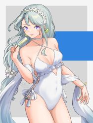 Rule 34 | 1girl, absurdres, anchor, blue background, breasts, earrings, food, frilled sweater, grey background, grey hair, hair ornament, hairclip, highres, holding, holding food, ice cream, jewelry, kantai collection, licking, long hair, looking back, official alternate costume, one-piece swimsuit, popsicle, purple eyes, sagiri (kancolle), shawl, shirt, simple background, small breasts, smile, solo, swimsuit, umibudou, white one-piece swimsuit, white shirt