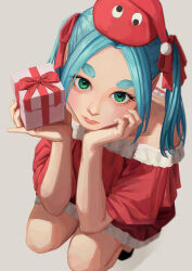Rule 34 | 1girl, absurdres, alternate costume, aqua hair, black footwear, christmas, christmas present, closed mouth, dress, expressionless, from above, fur-trimmed dress, fur trim, gift, googly eyes, green eyes, hand on own cheek, hand on own face, highres, holding, holding gift, looking at viewer, monogatari (series), nemo ringo, ononoki yotsugi, pointy ears, red dress, red headwear, santa dress, solo, squatting, thick eyebrows, twintails