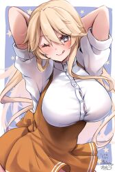 Rule 34 | 1girl, absurdres, anna miller, arms behind head, arms up, blonde hair, breasts, hair between eyes, highres, iowa (kancolle), kantai collection, large breasts, long hair, looking at viewer, mashiro yukiya, one eye closed, shirt, short sleeves, skirt, smile, solo, star-shaped pupils, star (symbol), suspender skirt, suspenders, symbol-shaped pupils, tongue, tongue out, very long hair, waitress, white shirt, yellow skirt