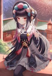 Rule 34 | 1girl, absurdres, architecture, black hair, blush, bonnet, breasts, brooch, building, dress, east asian architecture, fireworks, frills, genshin impact, highres, hime cut, ichizon, jewelry, lantern, long hair, looking at viewer, medallion, night, night sky, outstretched hand, pantyhose, patterned clothing, red eyes, ribbon, ribbon trim, shawl, sitting, sky, small breasts, tassel, tree, vision (genshin impact), yun jin (genshin impact)