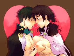 Rule 34 | 2girls, grabbing another&#039;s breast, breast hold, breasts, eye contact, forehead-to-forehead, from side, genderswap, genderswap (mtf), grabbing, hair ornament, heads together, higashikata josuke, jojo no kimyou na bouken, kishibe rohan, kiss, lips, looking at another, multiple girls, nipples, open clothes, open shirt, profile, saliva, saliva trail, tongue, tongue out, yuri