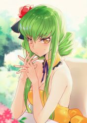 Rule 34 | 1girl, alternate costume, alternate hairstyle, bare arms, bare shoulders, blurry, blush, breasts, c.c., cleavage, code geass, creayus, day, depth of field, detached collar, dress, flower, green hair, hair flower, hair ornament, long hair, looking at viewer, medium breasts, nail polish, orange dress, outdoors, own hands together, purple ribbon, red nails, ribbon, sidelocks, sitting, sleeveless, solo, strapless, strapless dress, sweatdrop, table, tree, tsurime, upper body, v-shaped eyebrows, yellow eyes