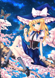 Rule 34 | 1girl, alternate costume, blonde hair, blue eyes, bow, braid, branch, bug, butterfly, female focus, fred0092, hair bow, hat, hat bow, highres, insect, kirisame marisa, long hair, night, night sky, single braid, sitting, sky, smile, socks, solo, star (symbol), striped clothes, striped socks, touhou, vertical-striped clothes, vertical-striped socks, witch, witch hat