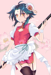 Rule 34 | 1boy, alternate costume, black hair, chinese clothes, gender request, genderswap, genshin impact, green hair, hair ornament, highres, jewelry, kisekisaki, long hair, multicolored hair, parted bangs, pink background, short hair, short hair with long locks, two-tone hair, xiao (genshin impact), yellow eyes