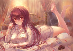 Rule 34 | 1girl, bad id, bad pixiv id, barefoot, bed, blush, breasts, candy, chocolate, chocolate heart, closed mouth, fate/grand order, fate (series), food, gae bolg (fate), heart, large breasts, long hair, looking at viewer, lying, on bed, on stomach, petals, red eyes, red hair, scathach (fate), scathach (fate), smile, solo, sweater, the pose, turtleneck, turtleneck sweater, white sweater, yahiro (heartseek000)