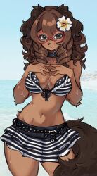 Rule 34 | 1girl, animal ears, animal nose, bikini, bikini skirt, black collar, breasts, brown fur, brown tail, collar, collarbone, cowboy shot, curly hair, dark-skinned female, dark skin, dog ears, dog girl, dog tail, drill hair, flower, freckles, front-tie bikini top, front-tie top, frown, grey eyes, hair flower, hair ornament, hands on own chest, highres, large tail, looking to the side, medium breasts, medium hair, navel, ocean, original, outdoors, photo background, puppyypawss, red-framed eyewear, solo, striped bikini, striped clothes, swimsuit, tail, thighs, twin drills, wet, white flower