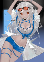 Rule 34 | 1girl, arknights, arms up, bikini, black-framed eyewear, black collar, blue shorts, breasts, collar, cowboy shot, dated, dutch angle, eyewear on head, female focus, highres, large breasts, long hair, looking at viewer, official alternate costume, orange-tinted eyewear, orca hair ornament, red eyes, short shorts, shorts, skadi (arknights), skadi (waverider) (arknights), solo, sunglasses, swimsuit, thigh strap, tinted eyewear, white bikini, white hair, yuanxi
