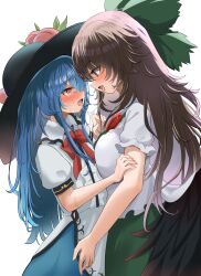 Rule 34 | 2girls, after kiss, bird wings, black headwear, blue skirt, blush, bow, breasts, brown hair, cape, collared shirt, commentary, eye contact, flat chest, food, fruit, green bow, green skirt, hair bow, hand on another&#039;s arm, hand on another&#039;s leg, hat, height difference, highres, hinanawi tenshi, large breasts, leaf, long hair, looking at another, mikan (manmarumikan), multiple girls, open mouth, peach, peach hat ornament, puffy short sleeves, puffy sleeves, red bow, red eyes, reiuji utsuho, saliva, saliva trail, shirt, short sleeves, skirt, standing, sweat, third eye, tongue, tongue out, touhou, white background, white cape, white shirt, wings, yuri