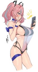 Rule 34 | 1girl, absurdres, areola slip, azur lane, bikini, black bikini, blush, breasts, bremerton (azur lane), cellphone, cropped legs, hair between eyes, hair intakes, highres, holding, holding phone, large breasts, mole, mole under eye, multicolored hair, navel piercing, phone, piercing, pink hair, purple eyes, simple background, skindentation, smartphone, smile, solo, suisogenshi, swimsuit, teeth, translation request, twintails, two-tone hair, white background