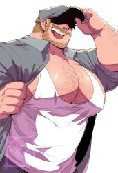 Rule 34 | 1boy, adjusting clothes, adjusting headwear, arm hair, bara, beard stubble, blonde hair, blue shirt, covered erect nipples, earrings, facial hair, hat over eyes, highres, huge pectorals, jewelry, kokukokuboo, male focus, mature male, muscular, muscular male, mustache, open clothes, open shirt, original, pectoral cleavage, pectorals, shirt, short hair, simple background, smile, solo, sparse chest hair, stubble, tank top, tongue, tongue out, upper body, white background, white tank top