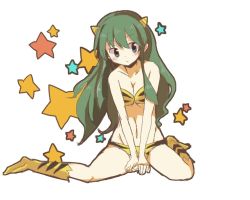 Rule 34 | 1girl, :/, animal print, bikini, black eyes, blush, breasts, cleavage, closed mouth, commentary request, green hair, horns, kneehighs, long hair, looking to the side, lum, manmi, medium breasts, navel, own hands together, simple background, sitting, socks, solo, star (symbol), strapless, strapless bikini, swimsuit, tiger print, tiger stripes, urusei yatsura, v arms, very long hair, wariza, white background