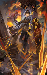 Rule 34 | 1boy, absurdres, angry, black coat, black gloves, black hair, black pants, black suit, blurry, blurry foreground, coat, commentary request, dated, earrings, fire, formal, full body, genshin impact, gloves, grey sky, highres, holding, holding polearm, holding weapon, jewelry, leg up, long hair, male focus, mountain, outdoors, pants, pillar, polearm, ponytail, signature, single earring, sky, solo, spear, suit, tassel, tassel earrings, toujou bun, weapon, yellow eyes, zhongli (genshin impact)