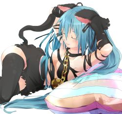 Rule 34 | 1girl, animal ears, aqua hair, arms up, bell, cat&#039;s dance (vocaloid), cat ears, cat tail, chain, closed eyes, collar, dress, gloves, hair ribbon, hatsune miku, jingle bell, kemonomimi mode, long hair, lying, on side, ribbon, ribon non, simple background, smile, solo, tail, thighhighs, torn clothes, torn dress, torn gloves, transparent background, twintails, vocaloid, zettai ryouiki