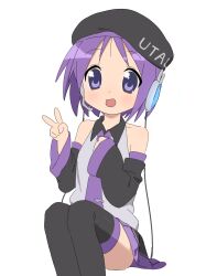 Rule 34 | 1girl, absurdres, bare shoulders, beret, blush, cosplay, detached sleeves, hat, headset, highres, hiiragi tsukasa, looking at viewer, lucky star, necktie, open mouth, purple eyes, purple hair, shirt, short hair, simple background, sitting, skirt, sleeveless, sleeveless shirt, smile, solo, thighhighs, utane uta, utane uta (cosplay), utau, v, white background, wuju (1198979953)