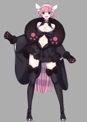 Rule 34 | 1girl, :d, ahoge, animal hands, bewear, black bow, black bra, black eyes, black footwear, black skirt, black thighhighs, blunt bangs, bow, bra, breasts, cleavage, creatures (company), detached sleeves, full body, game freak, gen 7 pokemon, gloves, grey background, hairband, highres, large breasts, long hair, looking at viewer, merlusa, midriff, navel, nintendo, no pupils, open mouth, paw gloves, personification, pink hair, pokemon, simple background, skirt, smile, solo, standing, thighhighs, underwear, very long hair, white hairband, wide sleeves