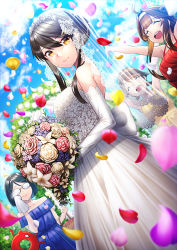Rule 34 | 4girls, alternate costume, alternate hairstyle, arch, black hair, blue dress, blue sky, blush, bouquet, breasts, brown eyes, brown hair, closed eyes, closed mouth, cloud, crying, day, double bun, dress, elbow gloves, enemy lifebuoy (kancolle), flipped hair, floral arch, flower, glasses, gloves, hair between eyes, hair bun, hair ornament, hairclip, hands up, haruna (kancolle), hiei (kancolle), kantai collection, kirishima (kancolle), kongou (kancolle), large breasts, lily (flower), long hair, looking at viewer, multiple girls, open mouth, petals, red dress, rose, short hair, sky, strapless, strapless dress, tiara, unowen, wedding, wedding dress, white dress, white gloves, yellow dress