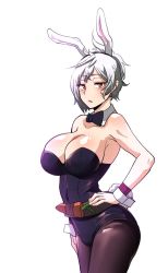 Rule 34 | 1girl, animal ears, armpits, bare shoulders, battle bunny riven, blush, bow, bowtie, breasts, cleavage, half-closed eyes, hand on own hip, highres, hip focus, large breasts, league of legends, ponytail, rabbit ears, riven (league of legends), simple background, skin tight, solo, white hair