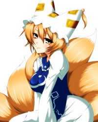 Rule 34 | 1girl, bad id, bad pixiv id, blonde hair, breasts, dress, female focus, fox tail, hat, iwamoto eiri, medium breasts, short hair, smile, solo, tail, touhou, white background, yakumo ran, yellow eyes