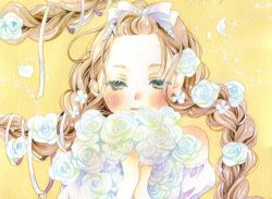 Rule 34 | 1girl, bangs pinned back, blush, bow, braid, eyelashes, flower, hair bow, long hair, original, own hands together, painting (medium), ribbon, simple background, solo, traditional media, twin braids, very long hair, watercolor (medium), yellow background, yufushi