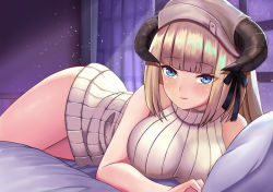 Rule 34 | 1girl, arknights, bare shoulders, blonde hair, blue eyes, blunt bangs, breasts, curtains, demon girl, dress, headdress, horns, large breasts, looking at viewer, lunarscent, nightingale (arknights), on bed, pillow, ribbed dress, sarkaz, smile, solo, window