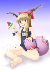 Rule 34 | 1girl, :d, barefoot, black one-piece swimsuit, brown hair, feet, female focus, food, fruit, full body, gourd, holding, holding food, holding fruit, horns, ibuki suika, indian style, kannazuki hato, long hair, name connection, name tag, object namesake, one-piece swimsuit, open mouth, popsicle, school swimsuit, simple background, sitting, smile, solo, swimsuit, touhou, watermelon