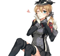 Rule 34 | 10s, 1girl, ;), anchor symbol, black hat, blonde hair, cross, gloves, green eyes, hat, heart, iron cross, kantai collection, kneehighs, looking at viewer, military, military uniform, one eye closed, peaked cap, prinz eugen (kancolle), rinarisa, skirt, smile, socks, solo, twintails, uniform, white gloves