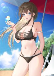 Rule 34 | :d, absurdres, arm behind back, armlet, bare shoulders, beach, beach chair, beach umbrella, bikini, black bikini, blue eyes, blue sky, blurry, blurry background, blush, breasts, brown hair, cleavage, cloud, commentary request, contrapposto, cowboy shot, cross-laced clothes, day, drink, earrings, floating hair, halterneck, highleg, highleg panties, highres, holding, holding drink, jewelry, large breasts, lens flare, long hair, nagi aoi, navel, open mouth, original, outdoors, panties, panties under swimsuit, skindentation, sky, smile, standing, stomach, summer, sunlight, swimsuit, tropical drink, umbrella, underwear, wind, wristband